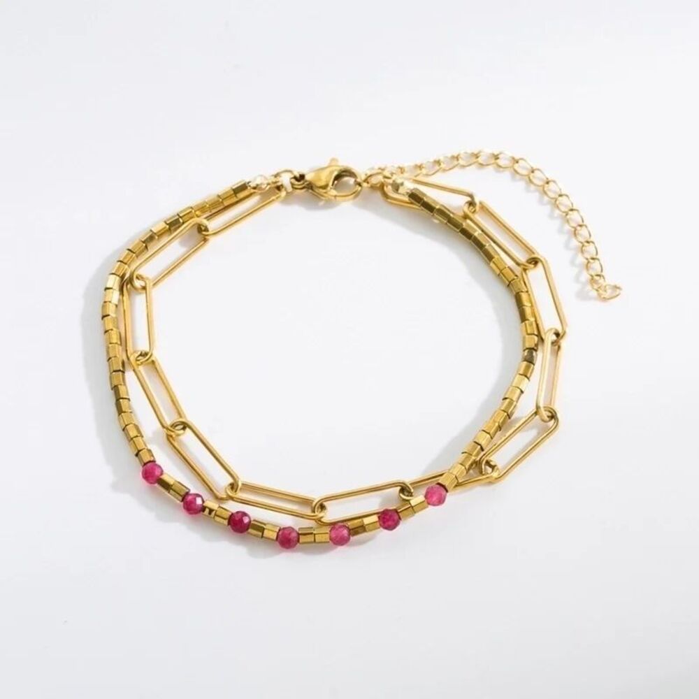 Double‎ strand gold and red paper clip bracelet